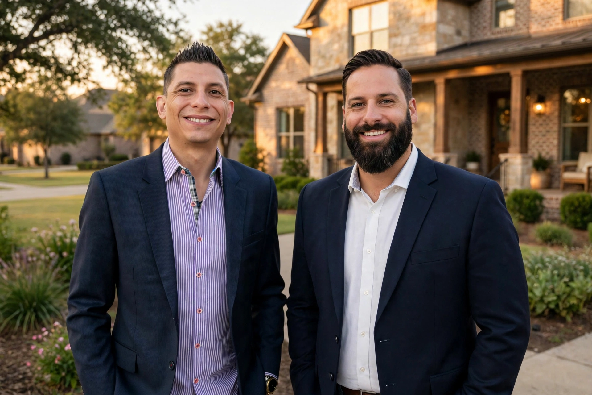 Fundadores de Wise Revival, Alberto Molina y Kyle Sowell, frente a una casa en Texas